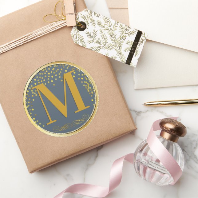 Blue & Gold Confetti Moderne Hochzeit Runder Aufkleber (Schenken)