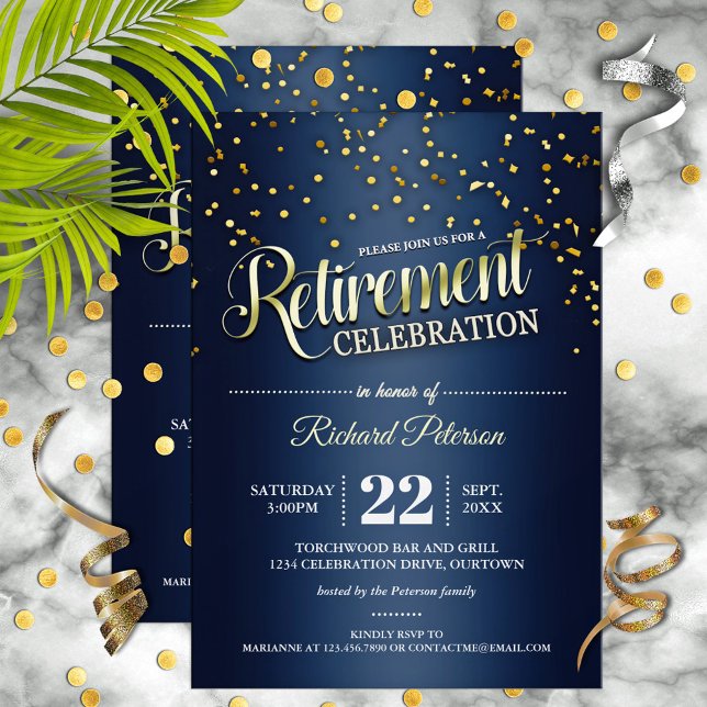 Blue|Gold Confetti Retirement Party Invitations Einladung (Von Creator hochgeladen)