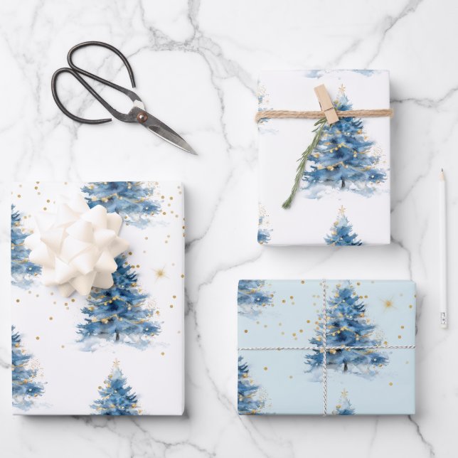 Blue Gold Confetti Weihnachtsbaum Geschenkpapier Set (Vorderseite)