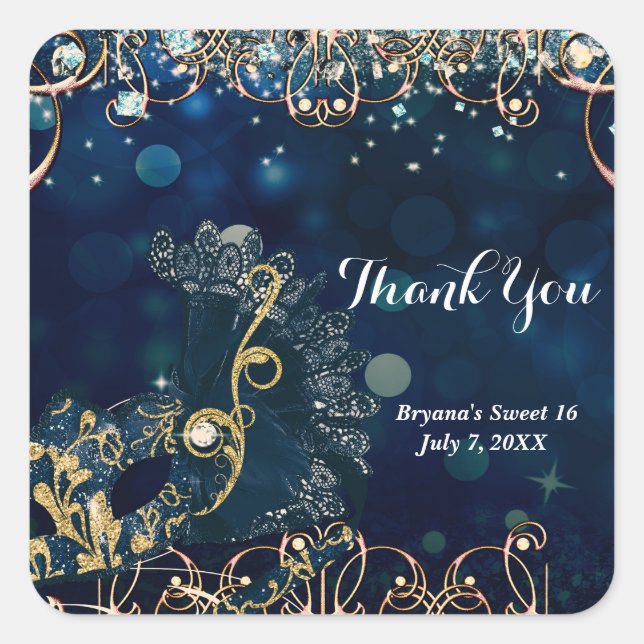 Blue & Gold Costume Masquerade Mask Birthday Party Quadratischer Aufkleber (Vorderseite)