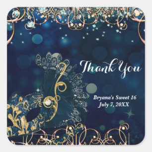 Blue & Gold Costume Masquerade Mask Birthday Party Quadratischer Aufkleber