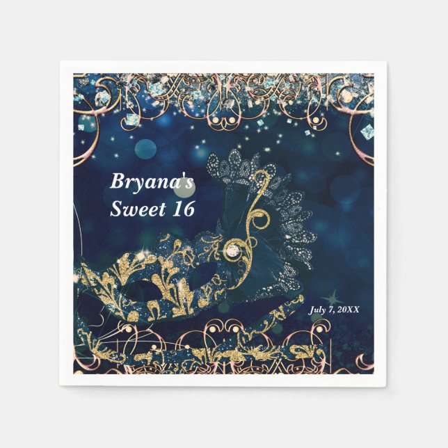 Blue & Gold Costume Masquerade Mask Birthday Party Serviette (Vorderseite)