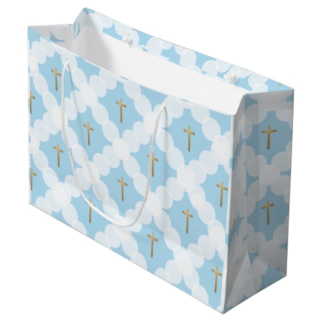 Blue Gold Cross Moderne Taufe Große Geschenktüte (Vorderseite Schrägansicht)