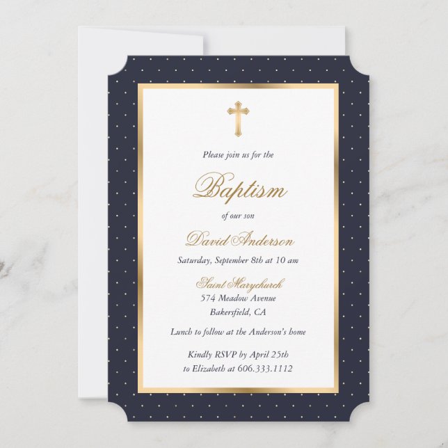 Blue Gold Cross Polka Dots Elegante Script Taufe Einladung (Vorderseite)