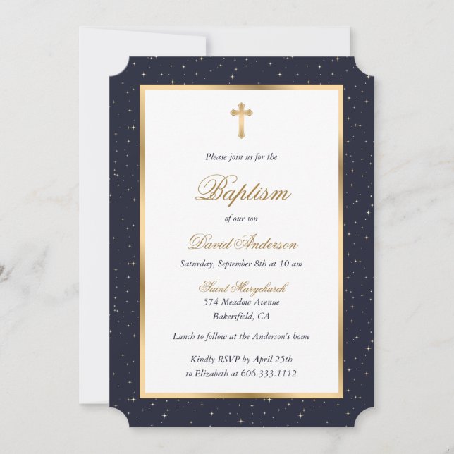 Blue Gold Cross Stars Elegante Script Taufe Einladung (Vorderseite)