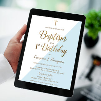 Blue Gold Cross Taufe 1. Geburtstag Einladung