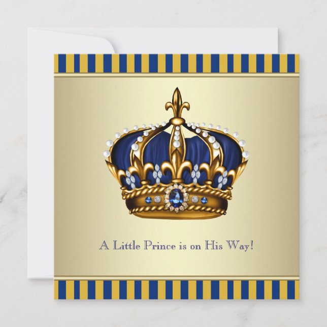 Blue Gold Crown Little Prince Baby Dusche Einladung (Vorderseite)