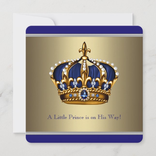 Blue Gold Crown Little Prince Boy Baby Dusche Einladung (Vorderseite)