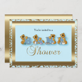 Blue & Gold Damask mit Teddy Bear | Babydusche Einladung