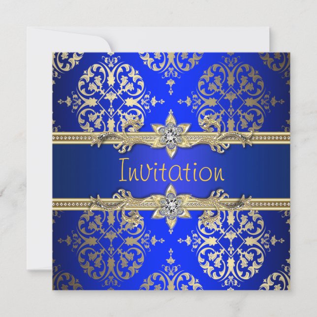 Blue Gold Damask Royal Blue Party Einladung (Vorderseite)