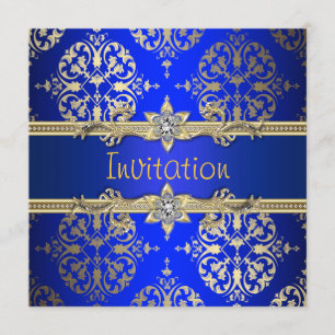 Blue Gold Damask Royal Blue Party Einladung