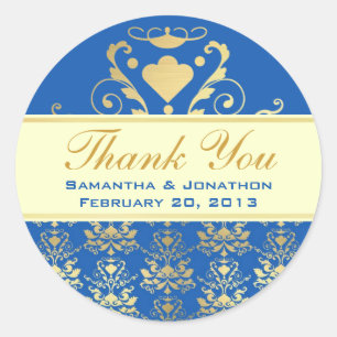 Blue & Gold Damask w/Elfenbeinhochzeit Vielen Dank Runder Aufkleber