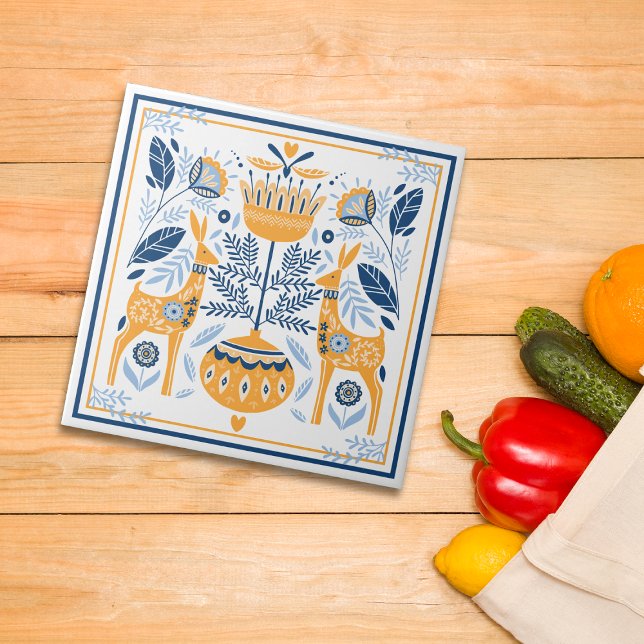 Blue Gold Deer Hygge Muster Fliese (Von Creator hochgeladen)