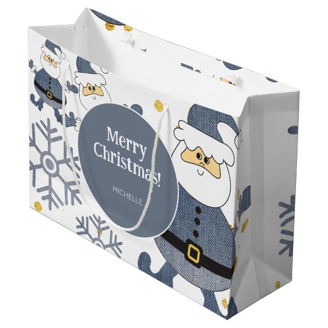Blue Gold Denim Christmas Santa Personalisiert Große Geschenktüte (Vorderseite Schrägansicht)