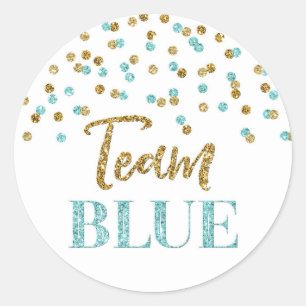 Blue Gold Dots Gender Reveal Baby Shower Team Blue Runder Aufkleber
