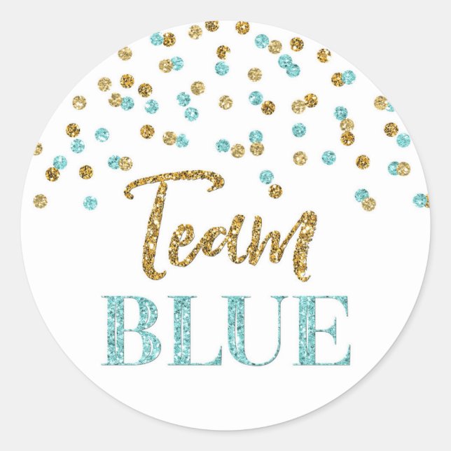 Blue Gold Dots Gender Reveal Baby Shower Team Blue Runder Aufkleber (Vorderseite)