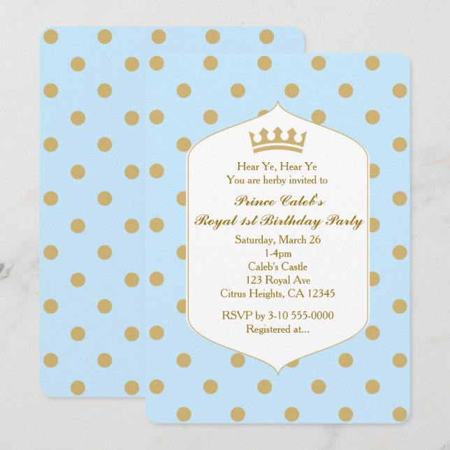 Blue & Gold Dots Royal Crown Prince Einladungen (Vorne/Hinten)