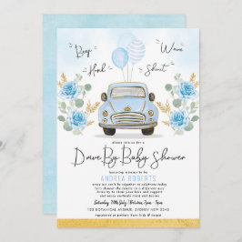 Blue Gold Drive by Baby Shower Green Retro Car Einladung