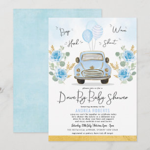Blue Gold Drive by Baby Shower Green Retro Car Einladung