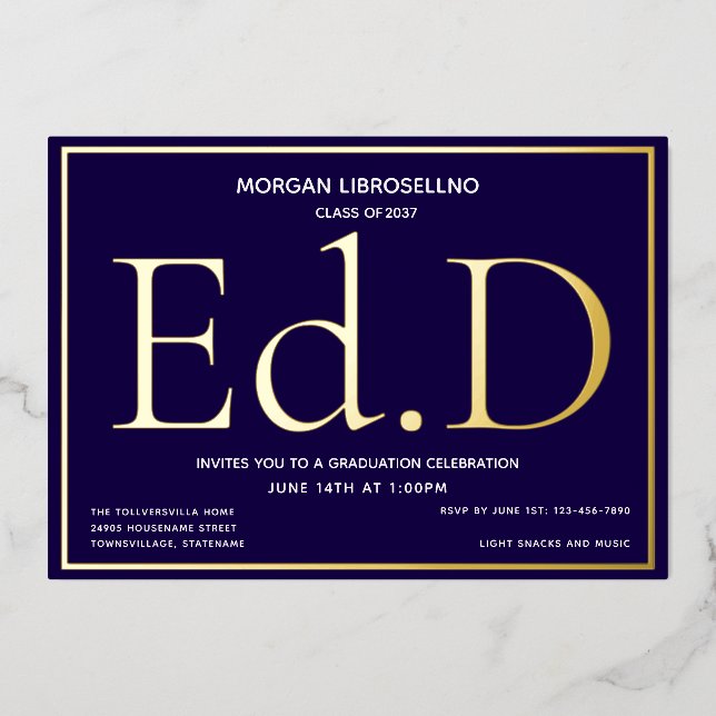 Blue Gold Ed.D Abschluss Folieneinladung (Vorderseite)