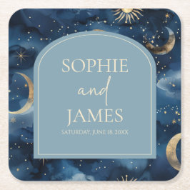 Blue Gold Elegant Celestial Starry Sky Wedding Rechteckiger Pappuntersetzer