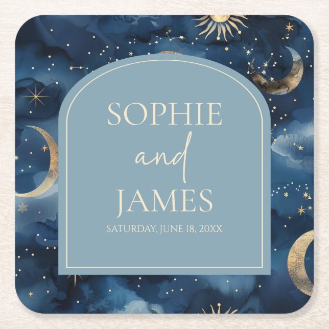 Blue Gold Elegant Celestial Starry Sky Wedding Rechteckiger Pappuntersetzer (Vorderseite)