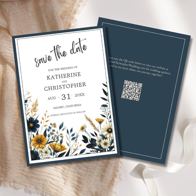 Blue Gold Elegante Blumenhochzeit Save The Date (Blue and Yellow Wildflower Floral Elegant Save the Date Card with QR Code for Wedding Website.)