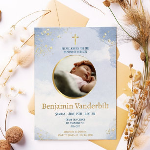 Blue Gold Elegante Foto Taufe mit Gedicht Einladung