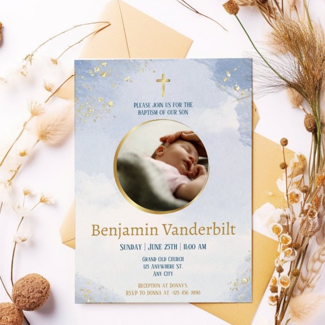 Blue Gold Elegante Foto Taufe mit Gedicht Einladung (Von Creator hochgeladen)
