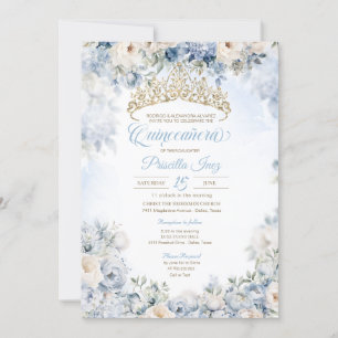 Blue Gold Elegante Watercolor Flora Quinceñera Einladung