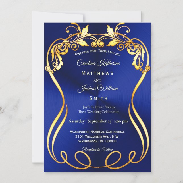Blue Gold Elegante Wedding Einladung (Vorderseite)