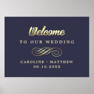 Blue Gold Elegante Wedding Welcome Sign Poster