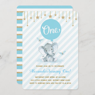 Blue Gold Elephant 1. Geburtstag Twinkle Star Einladung