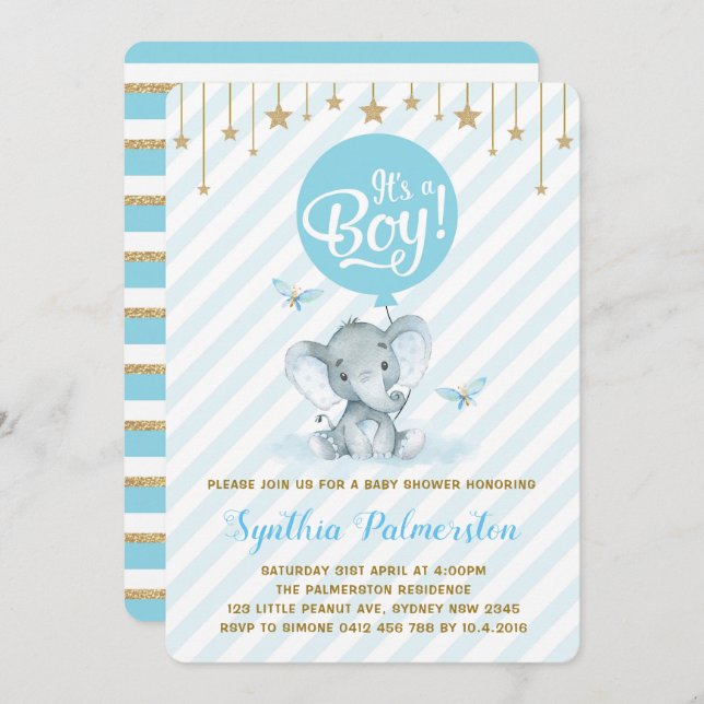 Blue Gold Elephant Baby Shower Twinkle Star Invite Einladung (Vorne/Hinten)