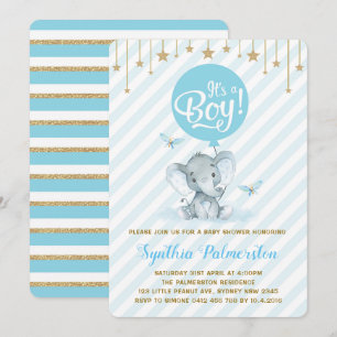 Blue Gold Elephant Baby Shower Twinkle Star Invite Einladung