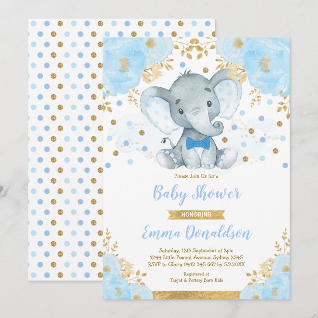 Blue Gold Elephant Little Man Baby Dusche Einladung (Vorne/Hinten)