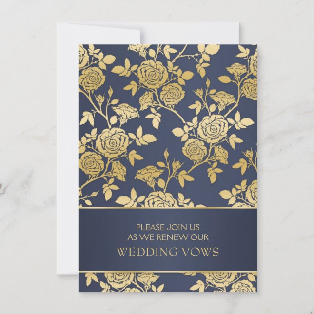 Blue & Gold Englische Rose Hochzeitstag Einladung (Vorderseite)