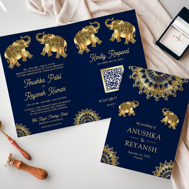 Blue Gold Ethnic Elephants Indian QR Code Hochzeit Einladung (Von Creator hochgeladen)