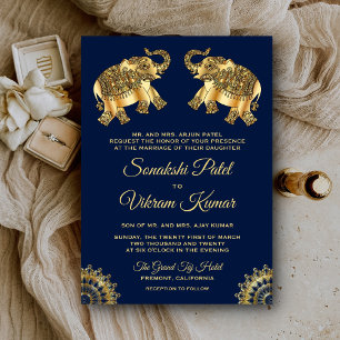 Blue Gold Ethnic Elephants Indian Wedite Einladung
