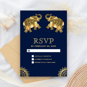 Blue Gold Ethnic Elephants Indische UAWG RSVP Karte