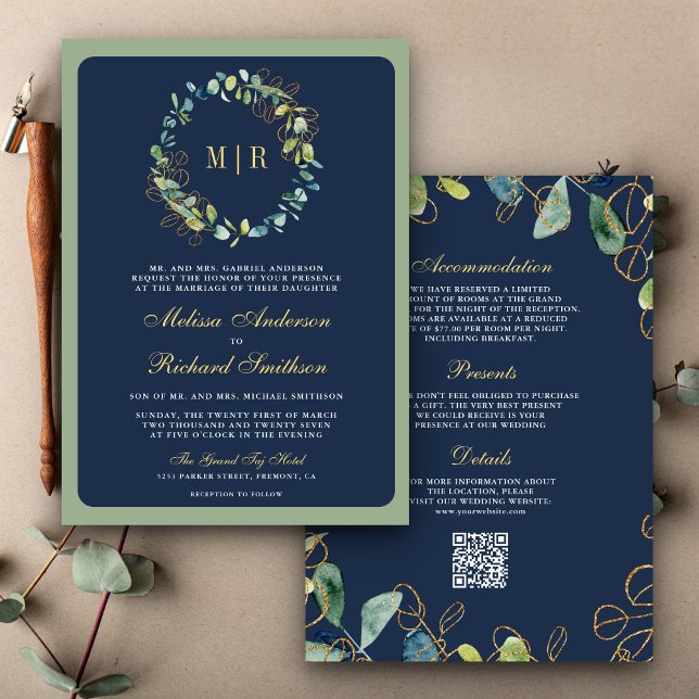 Blue Gold Eucalyptus Wreath QR Code Wedding Einladung (Von Creator hochgeladen)