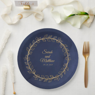 Blue & Gold Eucalyptus Wreath Wedding Dinner  Pappteller