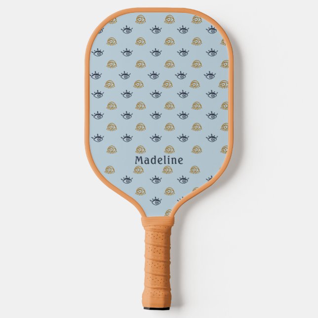 Blue Gold Evil Eye Muster Monogram Vorname Pickleball Schläger (Rückseite)