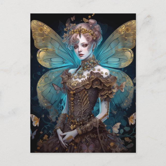 Blue Gold Fairy Fantasy Art Postkarte (Vorderseite)