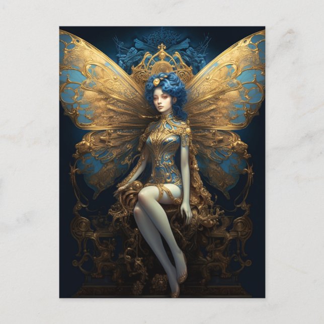 Blue Gold Fairy Fantasy Art Postkarte (Vorderseite)