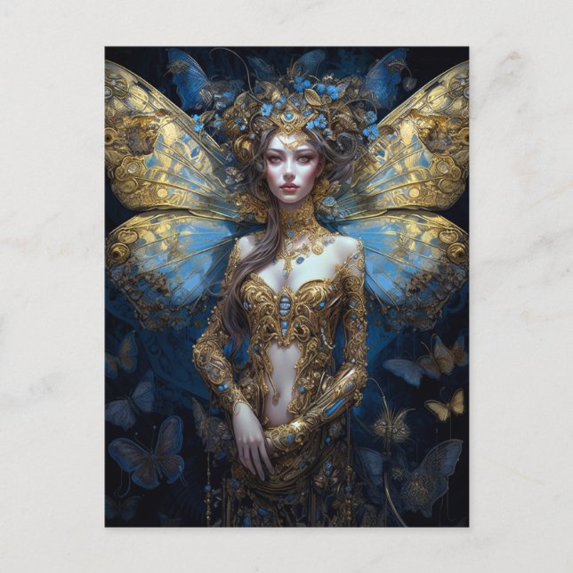 Blue Gold Fairy Fantasy Art Postkarte (Vorderseite)