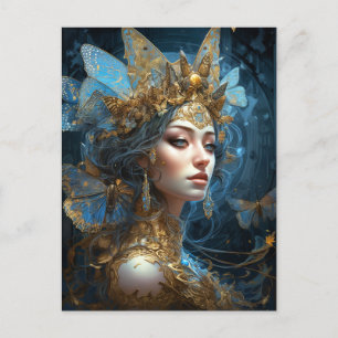 Blue Gold Fairy Queen Fantasy Art Postkarte