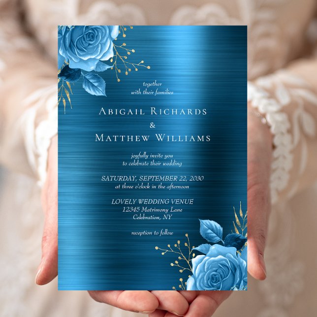 Blue Gold Floral Aquamarin Brushed Metal Wedding Einladung (Von Creator hochgeladen)
