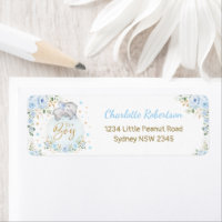 Blue Gold Floral Boy Baby Elephant Rücksendeadress
