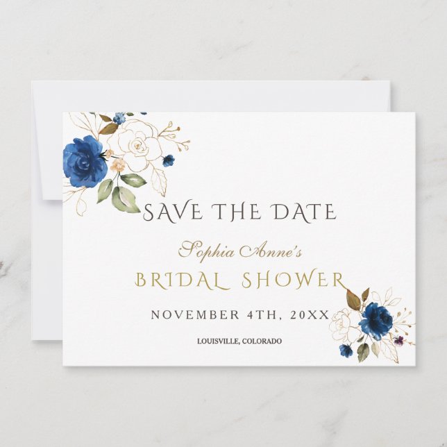 Blue Gold Floral Brautparty Save the Date (Vorderseite)